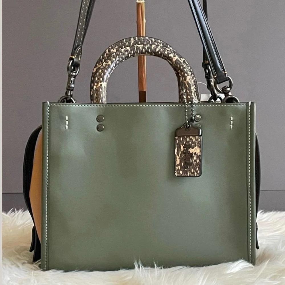 Coach Rogue 25 Army Green Smooth  Leather Satchel with Snakeskin Handles - Picture 2 of 10